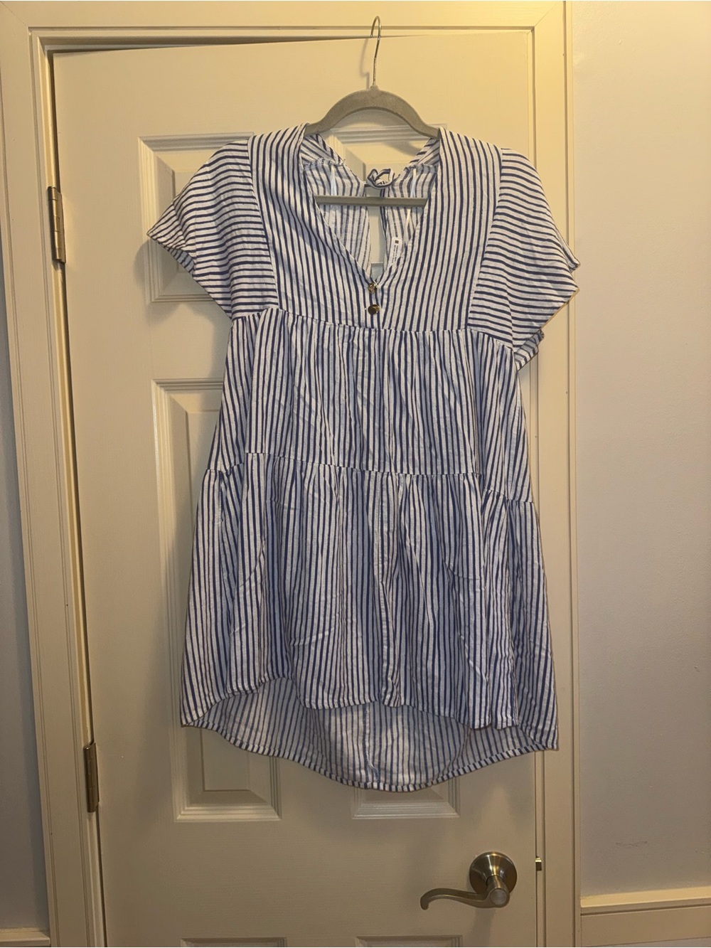 Zara White and Blue Striped Tiered V-Neck Mini Dress